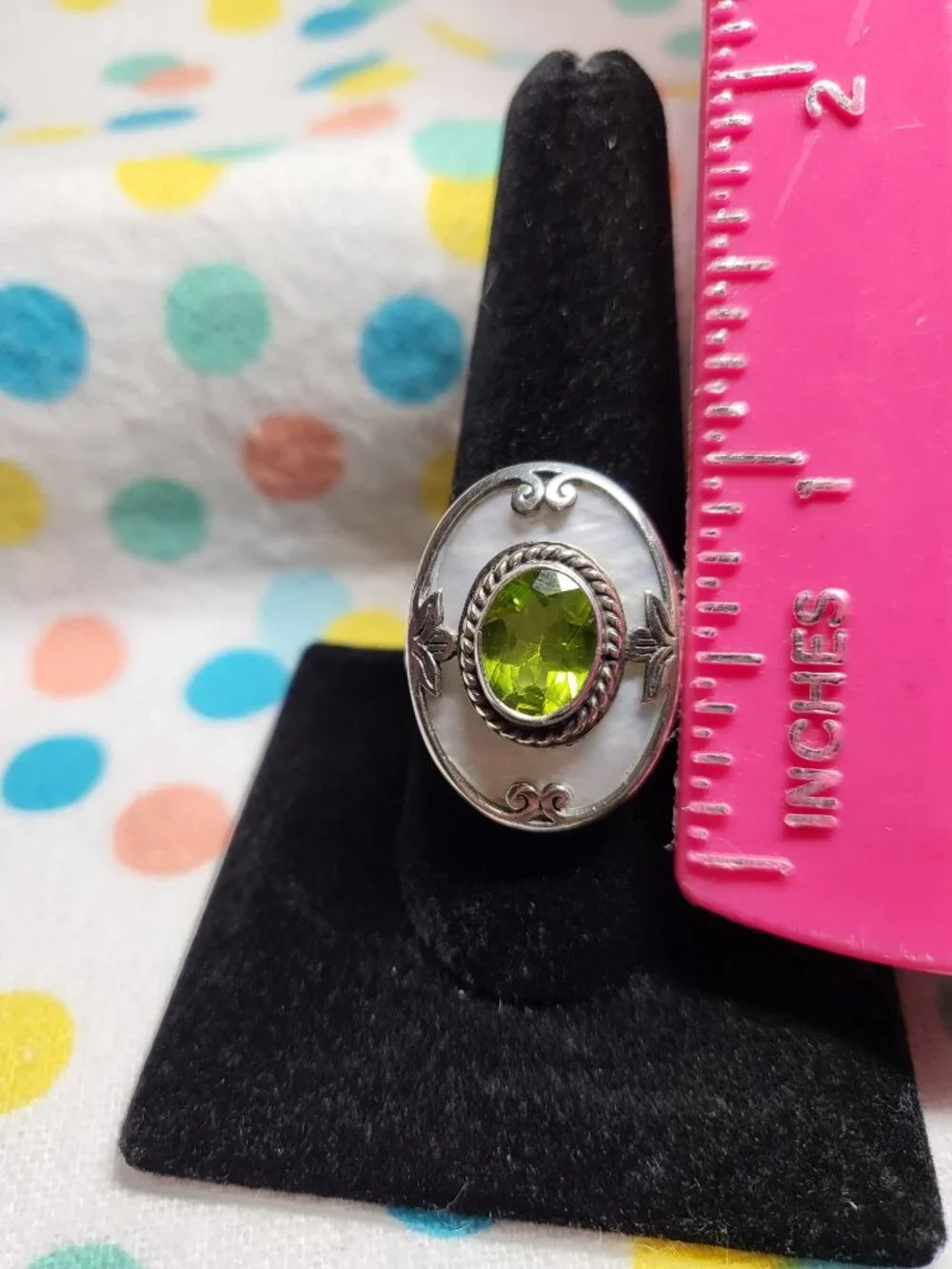 Vintage Artisan Sterling Silver Peridot & Mother of Pearl Statement Ring